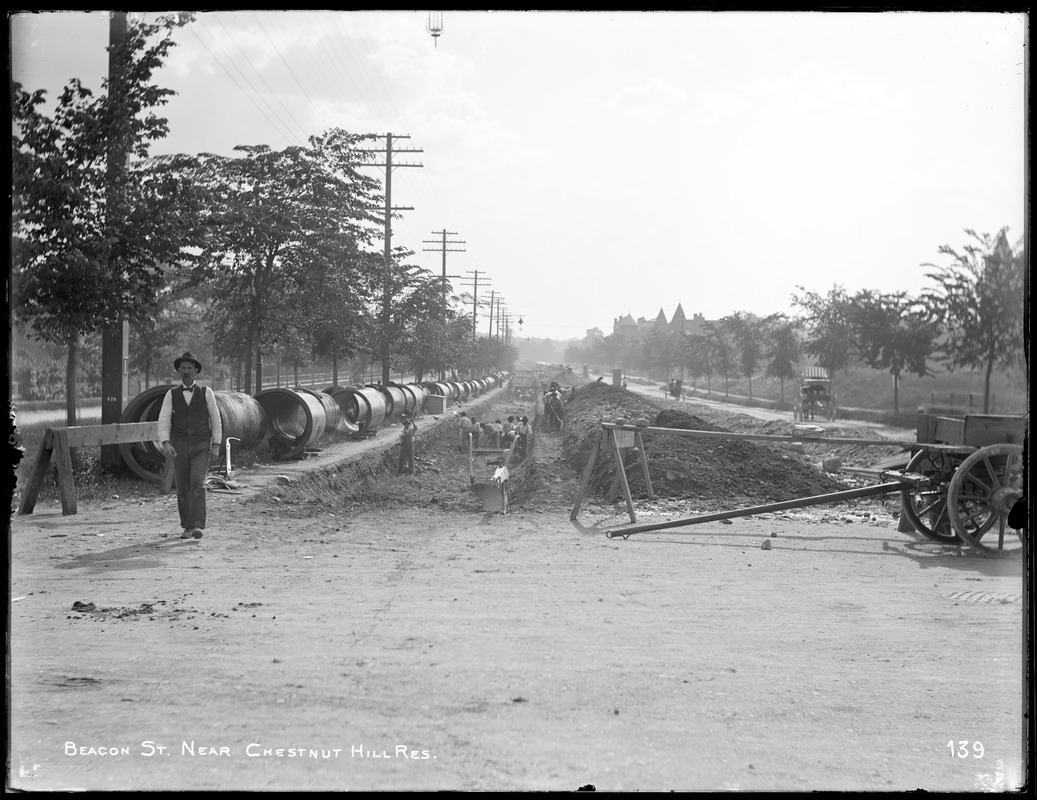 Distribution Department, Low Service Pipe Lines, trench work on Beacon Street, near Corey Road, looking west, Boston, Mass., May 29, 1896