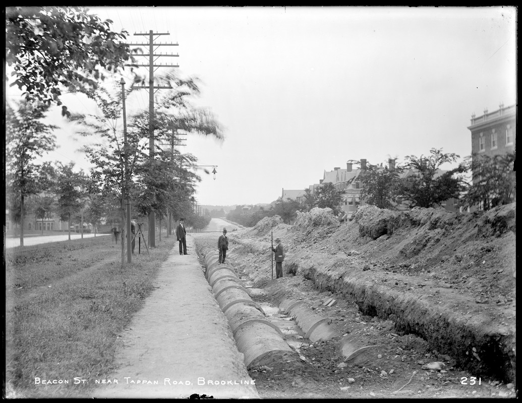 Distribution Department, Low Service Pipe Lines, raising the pipe on Beacon Street, near Tappan Road, Brookline, Mass., Jul. 6, 1896