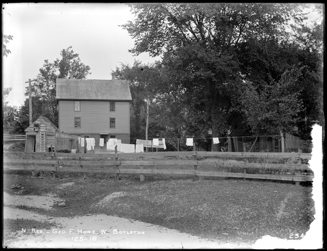 Wachusett Reservoir, George F. Howe's house, on south side of Prospect Street, near stone bridge, from the southeast, West Boylston, Mass., Jul. 8, 1896