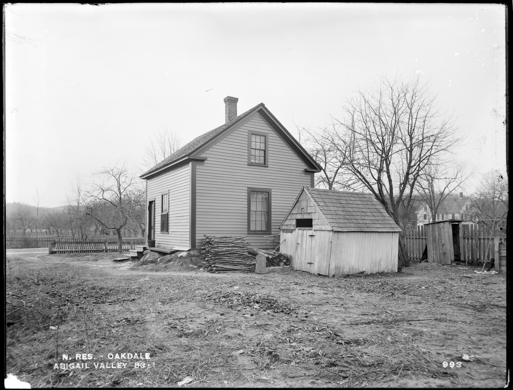 Wachusett Reservoir, Abigail Valley's house, on the north side of Holden Street, from the north in yard, Oakdale, West Boylston, Mass., Jan. 11, 1897