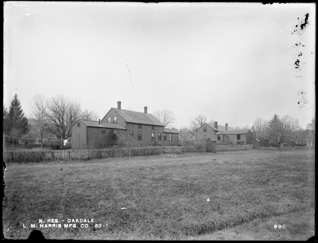 Wachusett Reservoir, L. M. Harris Manufacturing Company's houses, on the east side of private way leading from Holden Street to the Harris Mill, from the east in field, Oakdale, West Boylston, Mass., Jan. 11, 1897