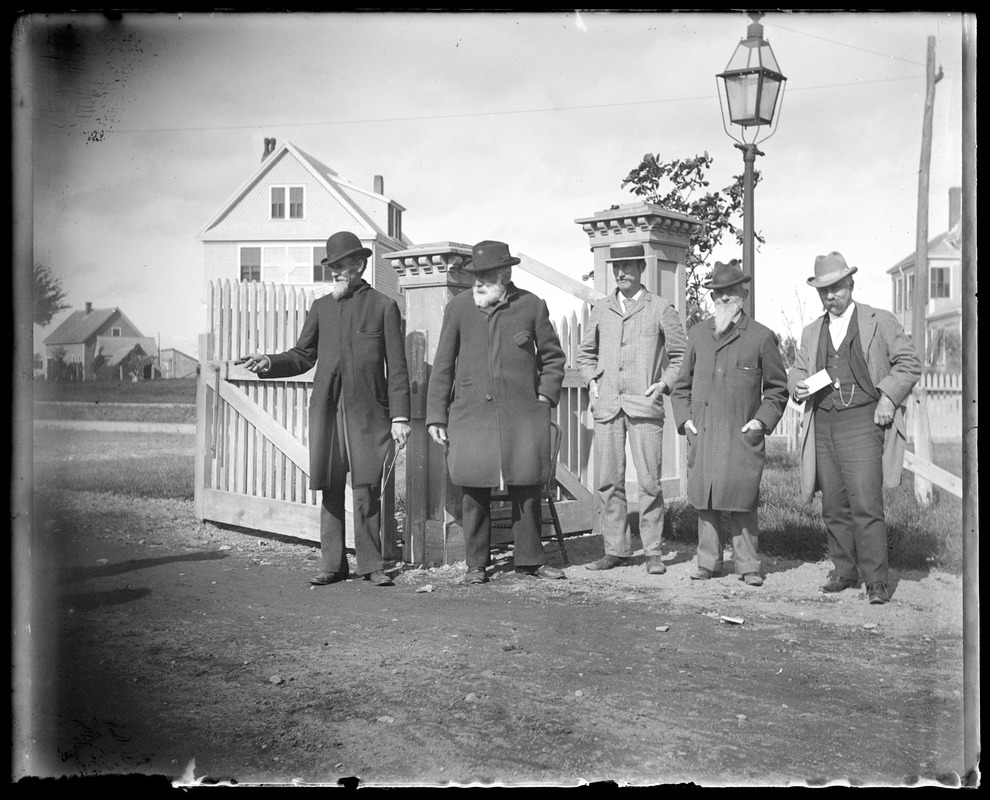 Five men at gate, Agricultural Hall