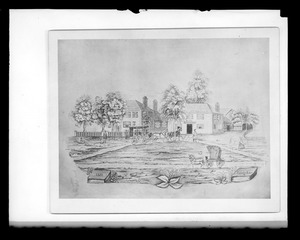 Drawing or print of outdoor scene by Webster Lane, includes Seth S. Hersey house 632 Main St.