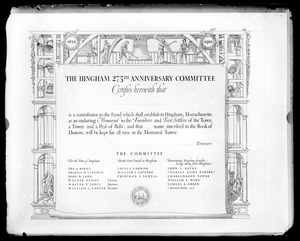 Hingham 275th anniversary contributor certificate