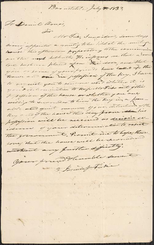 Mashpee Revolt, 1833-1834 - Letter from Josiah J. Fiske to Daniel Amos, July, 1833