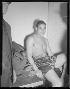 Joe Louis in fighting clothes before Al McCoy fight at the Garden