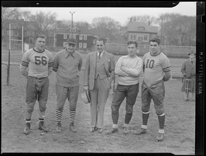 Bill Hewitt, George Halas, Red Grange, Beattie Feathers and Jack Manders of the Bears, at practice at Huntington Field in town to play the Redskins