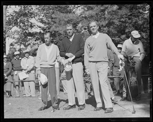 Three golfers take time out during tournament to pose for picture, Charles River Country Club