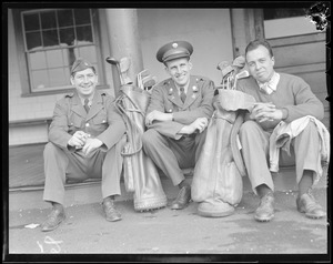Unlabeled - 3 men (2 in uniform) with golf clubs