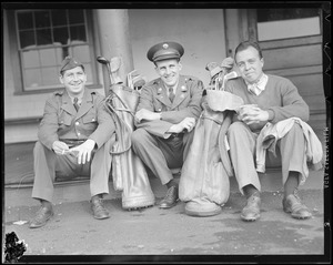 Unlabeled - 3 men, 2 in uniform, with golf clubs