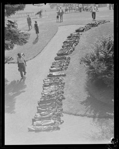 Golf bags arrayed on grounds