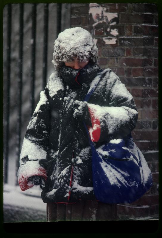 Waiting for a bus in winter snow, Harvard Square, Cambridge