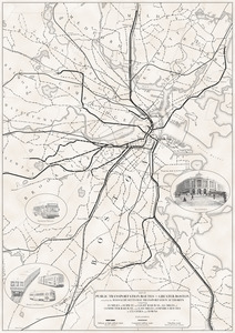 Map of public transportation routes in Greater Boston served by the Massachusetts Bay Transportation Authority comprising 64 miles of subway and light railway, 555 miles of commuter railway, and 6,194 miles of omnibus routes in 175 cities and towns