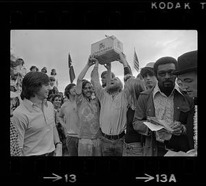 Harvard raft race winners with beer prize, Cambridge