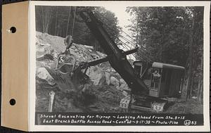 Contract No. 60, Access Roads to Shaft 12, Quabbin Aqueduct, Hardwick and Greenwich, shovel excavating for riprap, looking ahead from Sta. 8+15, Greenwich and Hardwick, Mass., Sep. 17, 1938