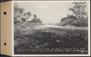 Contract No. 85, Manufacture and Delivery of Precast Concrete Steel Cylinder Pipe, Southborough, Framingham, Wayland, Natick, Weston, entrance to Lock Joint Pipe Co. Plant, looking east from Chestnut Hill Road, Southborough, Mass., Aug. 22, 1939