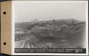 Contract No. 66, Regulating Dams, Middle Branch (New Salem), and East Branch of the Swift River, Hardwick and Petersham (formerly Dana), looking easterly at dam 2 from Sta. 54+75, middle branch regulating dam, Hardwick, Mass., Nov. 10, 1939