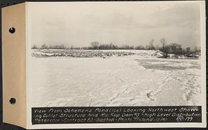 Contract No. 80, High Level Distribution Reservoir, Weston, view from Schenck's Pond (ice) looking northwest showing outlet structure and riprap, dam 5, high level distribution reservoir, Weston, Mass., Jan. 5, 1940