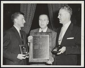 Ed Earle Award Winners - Henri Salaun (left) of Cambridge and Robert Wright (right) of Lebanon, N. H., with awards presented in memory of late sportswriter of The Herald. Salaun took honors in squash, Wright in badminton. In center is Albert H. Vanderhoof, program chairman for University Club dinner at which awards were presented.