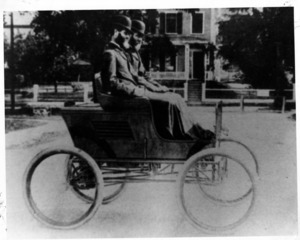 The Stanley twins (Freelan O. and Francis E.) in their Stanley Steamer.