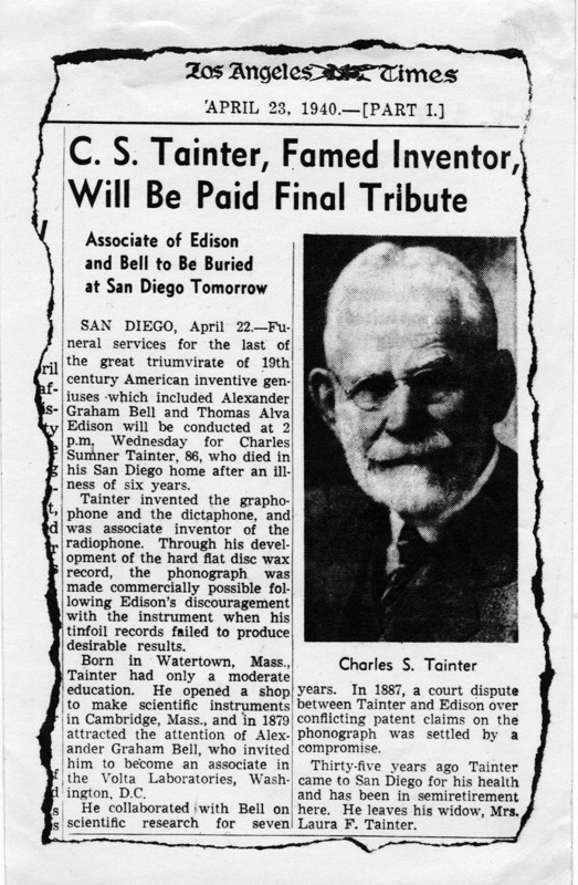 Charles Sumner Tainter obituary, 1940.