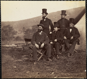 Allen Pinkerton at left + group at quarters of Secret Service Army of Potomac October 1862