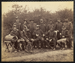 Colonel J. J. Bartlett (front row left), General H. W. Slocum, General W. B. Franklin, General W. F. Barry, General J. Newton, In front of Yorktown, May 1862