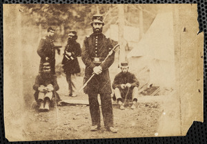 Camp of 13th Massachusetts Infantry at Williamsport Winter 1861-1862 (Lieutenant C.B. Fox) standing in foreground