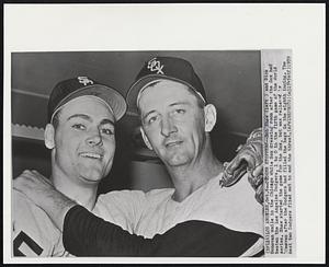 Dodger Stoppers--Bob Shaw (left) and Dick Donovan smile in the Chicago White Sox dressing room after the Sox had beaten the Los Angelos Dodgers, 1 to 0 in the fifth game of the World series. Shaw started the game for the Sox, but was relieved by Donovan after the Dodgers had filled the bags in the eight inning. The next two Dodgers flied out to end the threat.