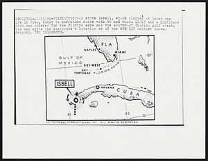 Tropical storm Isbell, which claimed at least one life in Cuba, built to hurricane force with 80 mph winds 10/13 and a hurricane watch was ordered for the Florida keys and the southwest Florida gulf coast. This map spots the hurricane’s location as of the 6PM EDT weather bureau advisory.