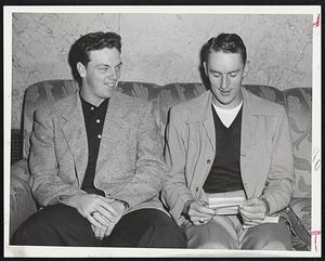 Pirates Waiting for Action against the Braves tonight are shown at the Hotel Kenmore today. Left to right: Outfielder Gus Bell and Pitcher Vernon Law.