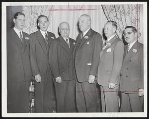 New England Governors at the New England conference yesterday at the Hotel Statler. Left to right-Govs. Tobin of Massachusetts, Horace A. Hildreth of Maine, Charles M. Dale of New Hampshire, Raymond E. Baldwin of Connecticut, Martimer R. Proctor of Vermont and John O. Pastore of Rhode Island.