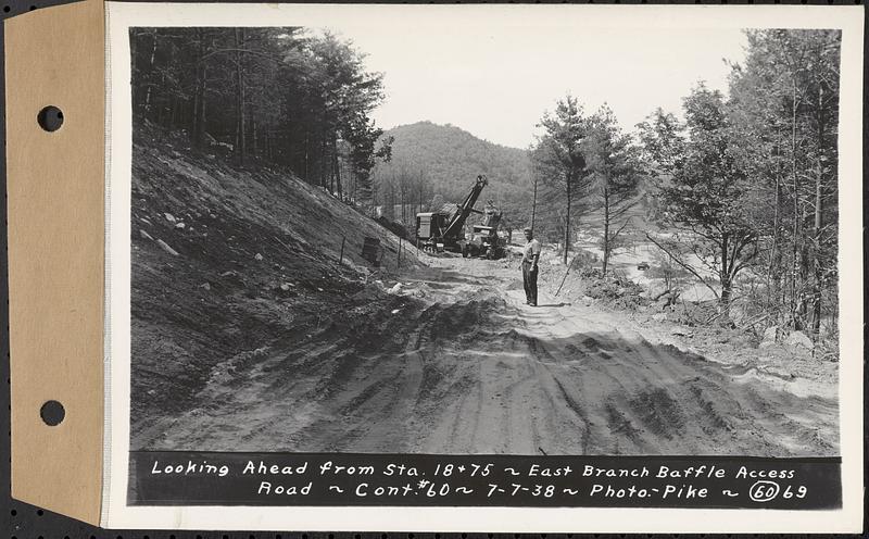 Contract No. 60, Access Roads to Shaft 12, Quabbin Aqueduct, Hardwick and Greenwich, looking ahead from Sta. 18+75, Greenwich and Hardwick, Mass., Jul. 7, 1938