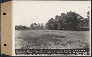 Contract No. 130, Grading, Loaming, and Grassing Vicinity of Shaft 4, Pressure Aqueduct, Southborough, and Improvement of Access Roads to the Intake Works and at Norumbega Reservoir, Marlborough, Southborough, Weston, looking southerly showing finished grading of area south of engineer's office, headhouse at Shaft 4, Southborough, Mass., May 22, 1941