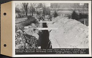 Contract No. 71, WPA Sewer Construction, Holden, looking easterly from Sta. 2+25 near manhole 6B4-10 along High School-Bascom Parkway line, Holden Sewer, Holden, Mass., Dec. 28, 1939