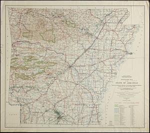 Topographic map of the state of Arkansas, showing highways, mineral industries, power-transmission lines, and oil and gas pipe lines