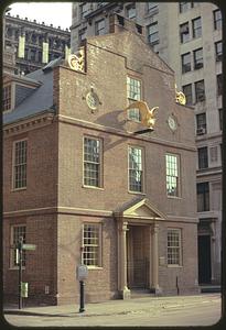 Oblique view from left of Old State House façade, Boston