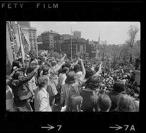 Kent State shootings demonstration: Angry fists and crowd, State House, Boston Common