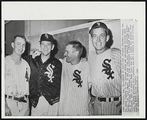 Heroes of White Sox One-Run Victory-_These are the chief figures in the Chicago White Sox ten-inning victory over Boston, 5-4, last night. It was the 11th such one-run overtime affair won by Chicago this season, as they maintained a two-game lead over Cleveland. Left to right: Norm Cash, who hit a homer and single; Turk Lown, winning pitcher; Bill Goodman, who hit a double in 10th inning, scoring Sherm Lollar (right).