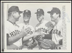 Houston Astros Open Camp -- Houston Astros manager Grady Hatton, welcomes his newly acquired pitchers who reported to spring training camp early today. Left to right, Hatton, Arnie Umbach, Dan Schneider, and Howie Reed.