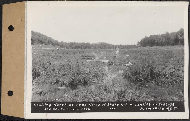 Contract No. 49, Excavating Diversion Channels, Site of Quabbin Reservoir, Dana, Hardwick, Greenwich, looking north at area north of Shaft 11A, Hardwick, Mass., Aug. 26, 1936