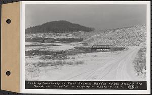 Contract No. 93, Completion of East Branch Baffle, Petersham (formerly in the Town of Greenwich), and Hardwick, looking northerly at east branch baffle from Shaft 12 road, Hardwick, Mass., Jan. 10, 1940