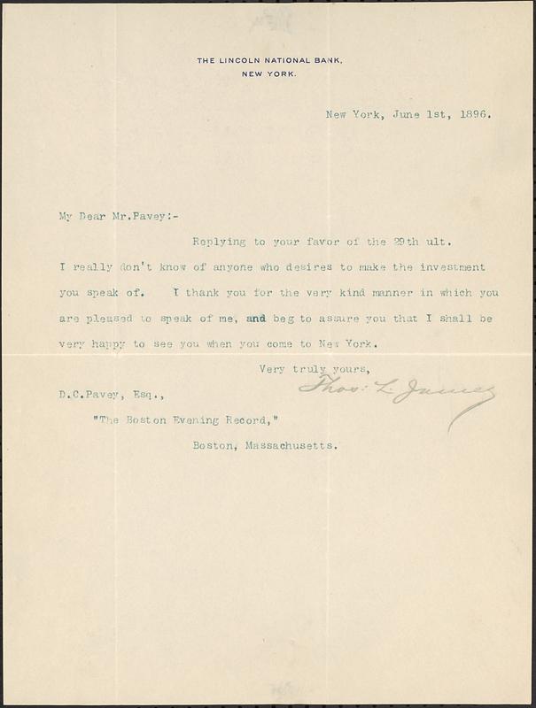 Letter from Thomas L. James, New York, to Darwin C. Pavey, Boston, Massachusetts, 1896 June 1