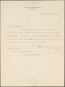 Letter from Thomas L. James, New York, to Darwin C. Pavey, Boston, Massachusetts, 1896 June 1