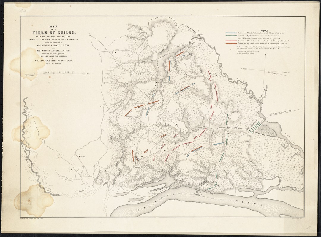 Map of the Field of Shiloh, near Pittsburg Landing, Tenn. shewing the positions of the U.S. forces, under the command of Maj. Genl. U.S. Grant, U.S. Vol. and Maj. Genl. D.C. Buell, U.S. Vol. on the 6th and 7th of April, 1862