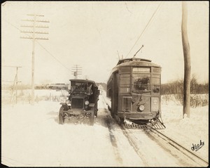 Electric street car (N. Easton line) and automobile