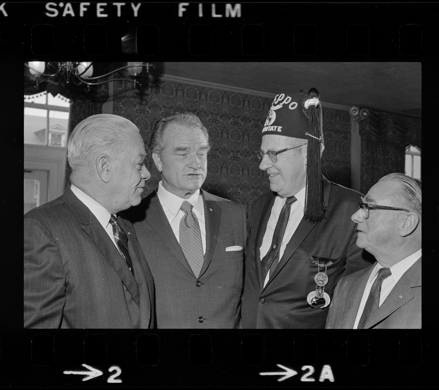 Clarence Young, "Red" Skelton, Stanley F. Maxwell and Harvey B. Leggee at an Aleppo Temple Shriners luncheon