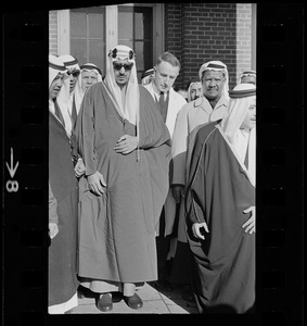 King Saud with Dr. Francis P. Moore leaves Peter Bent Brigham Hospital after surgery