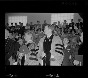 Governor John Volpe, left, and honorary doctorate degree recipient Senator Edward Kennedy, right, at Boston College commencement