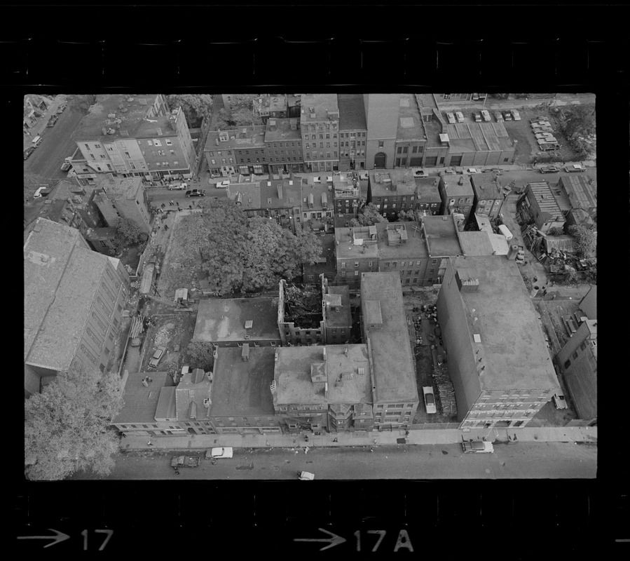 Aerial shots of burnt buildings on Trumbull Street